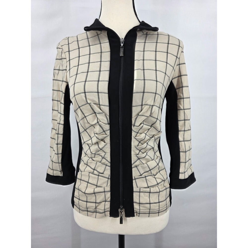 Joseph Ribkoff Women Tan Black Grid Zip Front Ruched Top Size 6 Made in Canada
